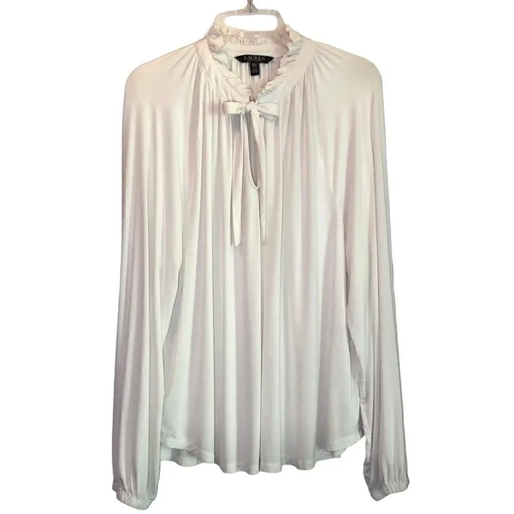Lauren Ralph Lauren Black Label Knit Top with Ruffle Collar in Cream Women’s XXL